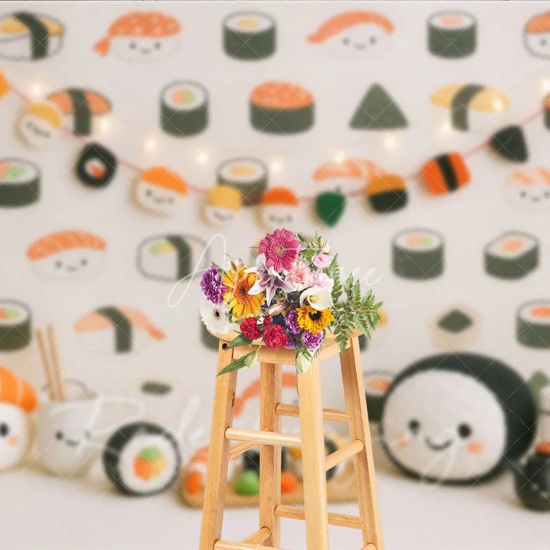 Aperturee - Aperturee Cute Kawaii Sushi Pattern and Plush Toy Photo Backdrop Japanese Food Birthday Photography Background
