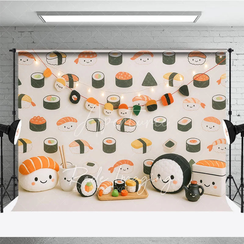 Aperturee - Aperturee Cute Kawaii Sushi Pattern and Plush Toy Photo Backdrop Japanese Food Birthday Photography Background