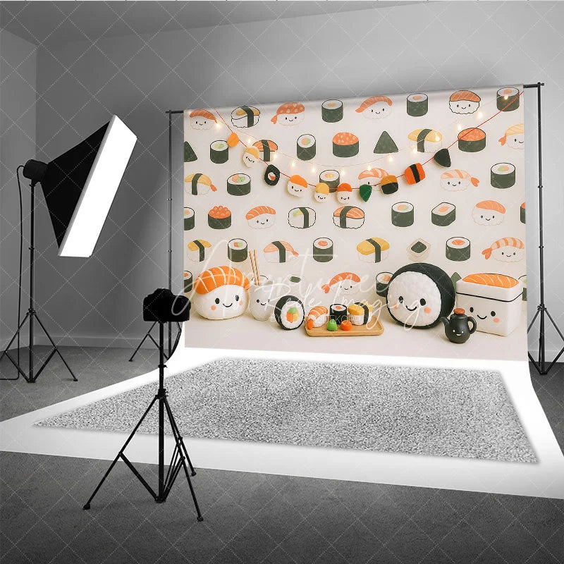 Aperturee - Aperturee Cute Kawaii Sushi Pattern and Plush Toy Photo Backdrop Japanese Food Birthday Photography Background