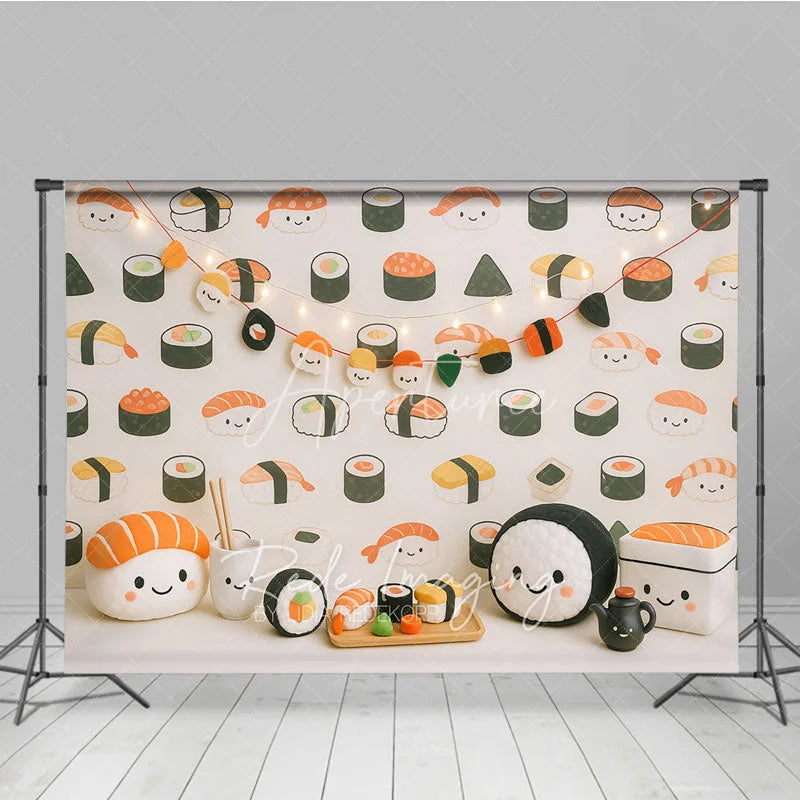 Aperturee - Aperturee Cute Kawaii Sushi Pattern and Plush Toy Photo Backdrop Japanese Food Birthday Photography Background