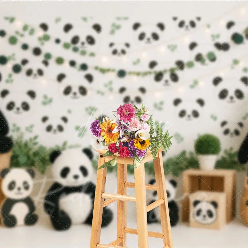 Aperturee - Aperturee Cute Panda Bear Photography Backdrop Green Eucalyptus Leaves and Panda Face Photo Background