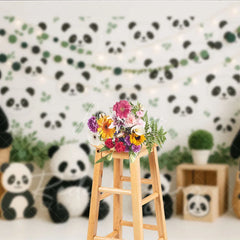 Aperturee - Aperturee Cute Panda Bear Photography Backdrop Green Eucalyptus Leaves and Panda Face Photo Background