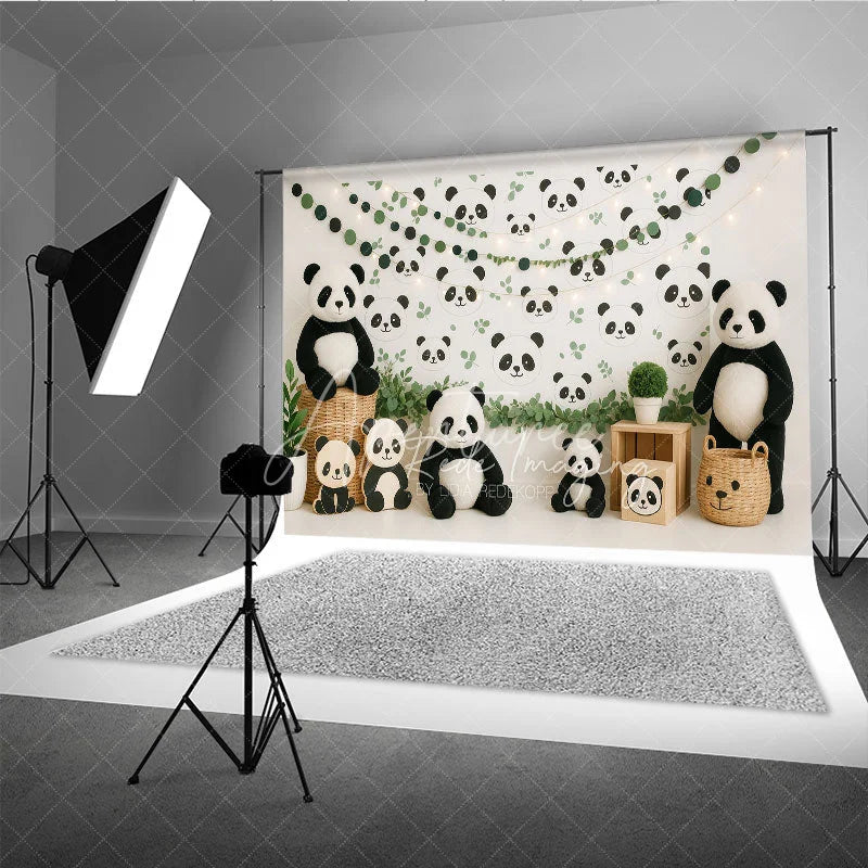 Aperturee - Aperturee Cute Panda Bear Photography Backdrop Green Eucalyptus Leaves and Panda Face Photo Background