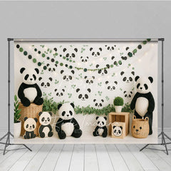 Aperturee - Aperturee Cute Panda Bear Photography Backdrop Green Eucalyptus Leaves and Panda Face Photo Background