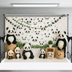 Aperturee - Aperturee Cute Panda Bear Photography Backdrop Green Eucalyptus Leaves and Panda Face Photo Background