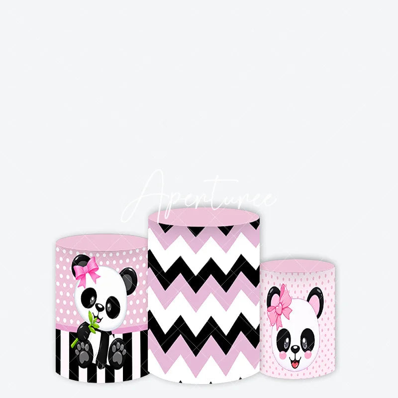Aperturee - Aperturee Cute Pink and Black Panda Baby Shower Birthday Cylinder Cover Polka Dot Stripe Chevron Design for Party Decor