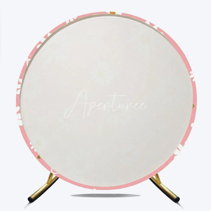 Aperturee - Aperturee Cute Pink Daisy Flowers with Gold Glitter Round Backdrop Boho Spring Birthday Party and Baby Shower Decor