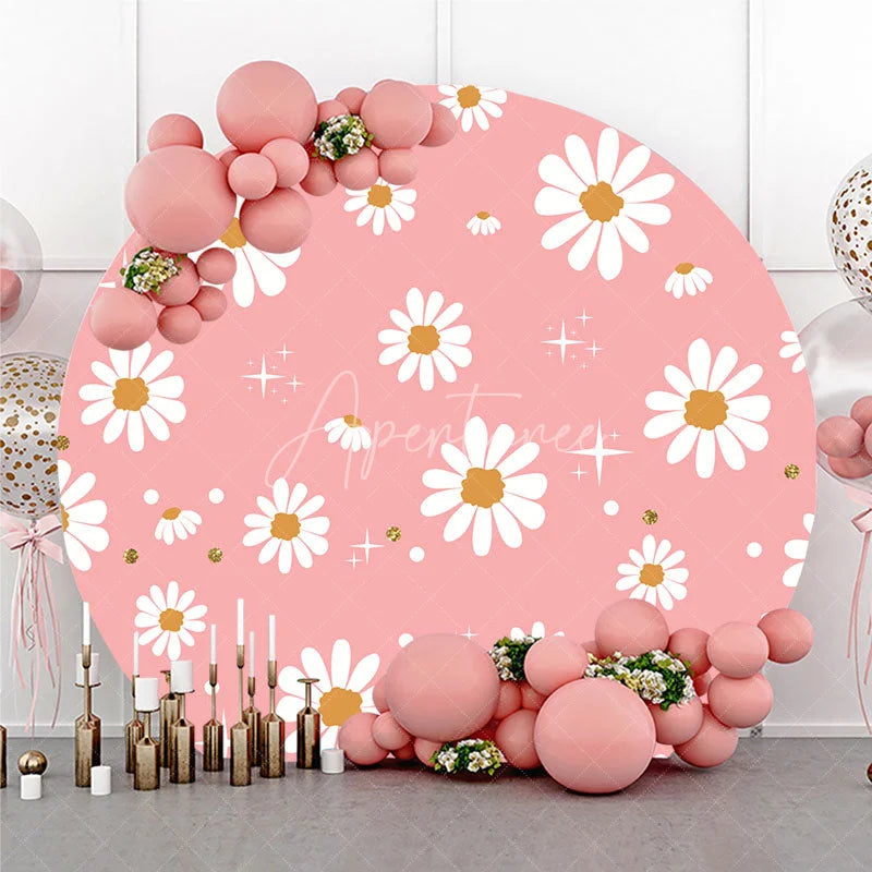 Aperturee - Aperturee Cute Pink Daisy Flowers with Gold Glitter Round Backdrop Boho Spring Birthday Party and Baby Shower Decor