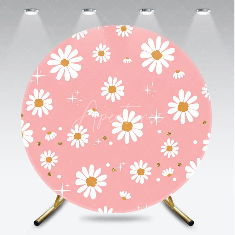 Aperturee - Aperturee Cute Pink Daisy Flowers with Gold Glitter Round Backdrop Boho Spring Birthday Party and Baby Shower Decor