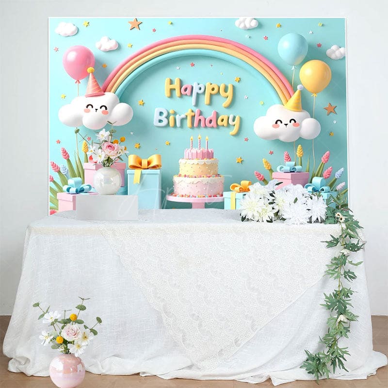 Aperturee - Aperturee Cute Rainbow Clouds Balloon Gift Birthday Backdrop