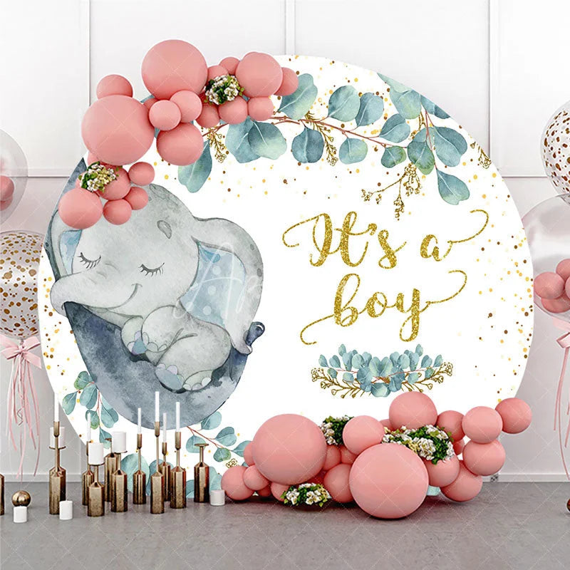 Aperturee - Aperturee Cute Sleeping Baby Elephant and Eucalyptus Round Backdrop Gold Glitter Its a Boy Baby Shower Party Decor