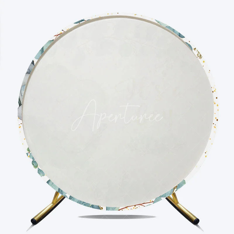 Aperturee - Aperturee Cute Sleeping Baby Elephant and Eucalyptus Round Backdrop Gold Glitter Its a Boy Baby Shower Party Decor