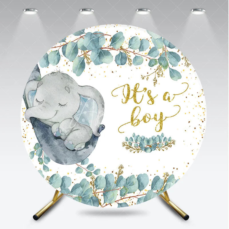 Aperturee - Aperturee Cute Sleeping Baby Elephant and Eucalyptus Round Backdrop Gold Glitter Its a Boy Baby Shower Party Decor