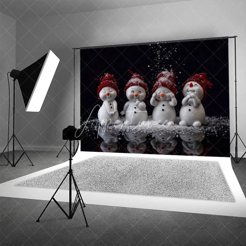 Aperturee - Aperturee Cute Snowmen Christmas Backdrop Four Snowman Figures with Red Hats Falling Snow Winter Photo Background