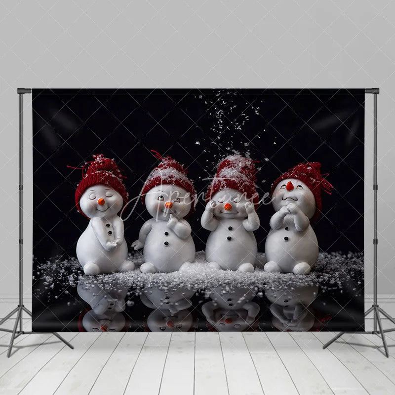 Aperturee - Aperturee Cute Snowmen Christmas Backdrop Four Snowman Figures with Red Hats Falling Snow Winter Photo Background