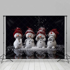 Aperturee - Aperturee Cute Snowmen Christmas Backdrop Four Snowman Figures with Red Hats Falling Snow Winter Photo Background