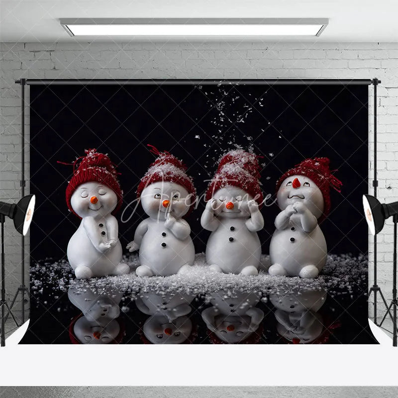 Aperturee - Aperturee Cute Snowmen Christmas Backdrop Four Snowman Figures with Red Hats Falling Snow Winter Photo Background