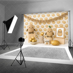 Aperturee - Aperturee Cute Spud Potato Pattern and Plushie Photo Backdrop One Sweet Potato Birthday Photography Background