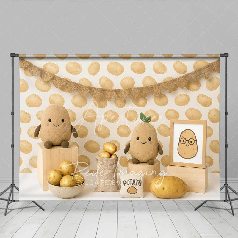 Aperturee - Aperturee Cute Spud Potato Pattern and Plushie Photo Backdrop One Sweet Potato Birthday Photography Background