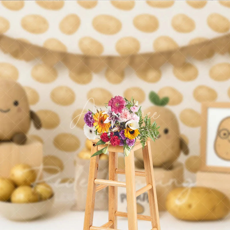 Aperturee - Aperturee Cute Spud Potato Pattern and Plushie Photo Backdrop One Sweet Potato Birthday Photography Background