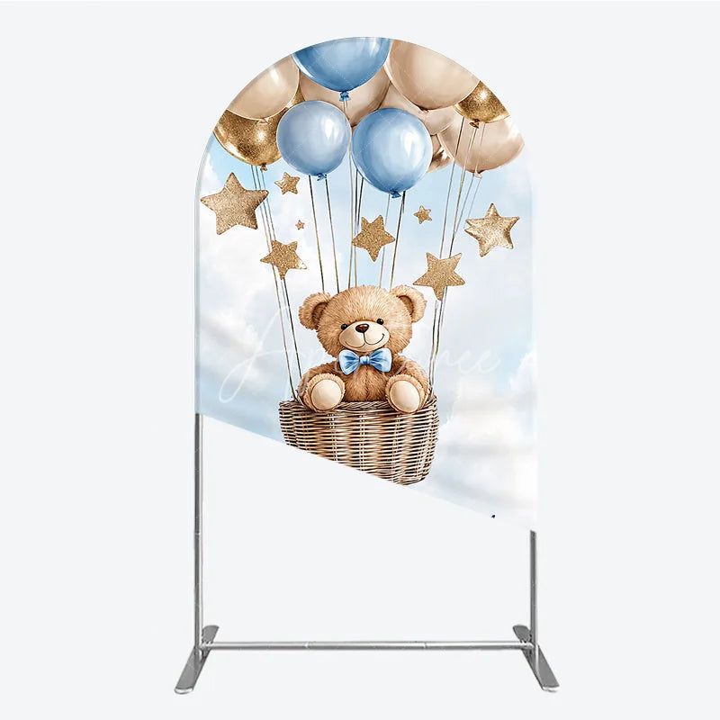 Aperturee - Aperturee Cute Teddy Bear Blue and Gold Balloons Round Top Arch Backdrop We Can Bearly Wait Baby Shower Decor