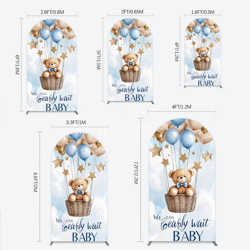 Aperturee - Aperturee Cute Teddy Bear Blue and Gold Balloons Round Top Arch Backdrop We Can Bearly Wait Baby Shower Decor