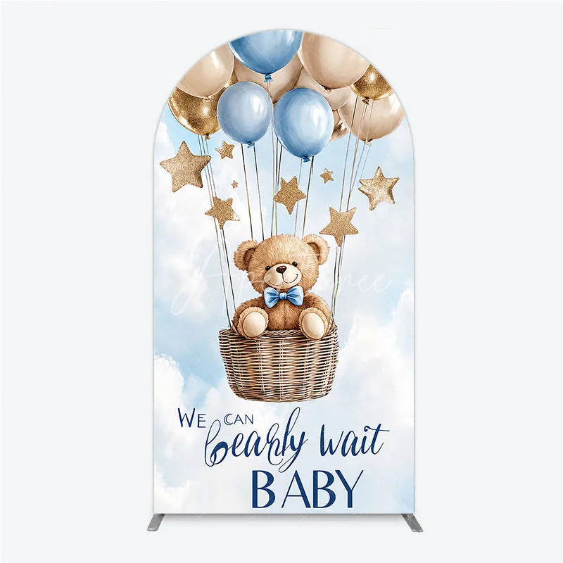 Aperturee - Aperturee Cute Teddy Bear Blue and Gold Balloons Round Top Arch Backdrop We Can Bearly Wait Baby Shower Decor