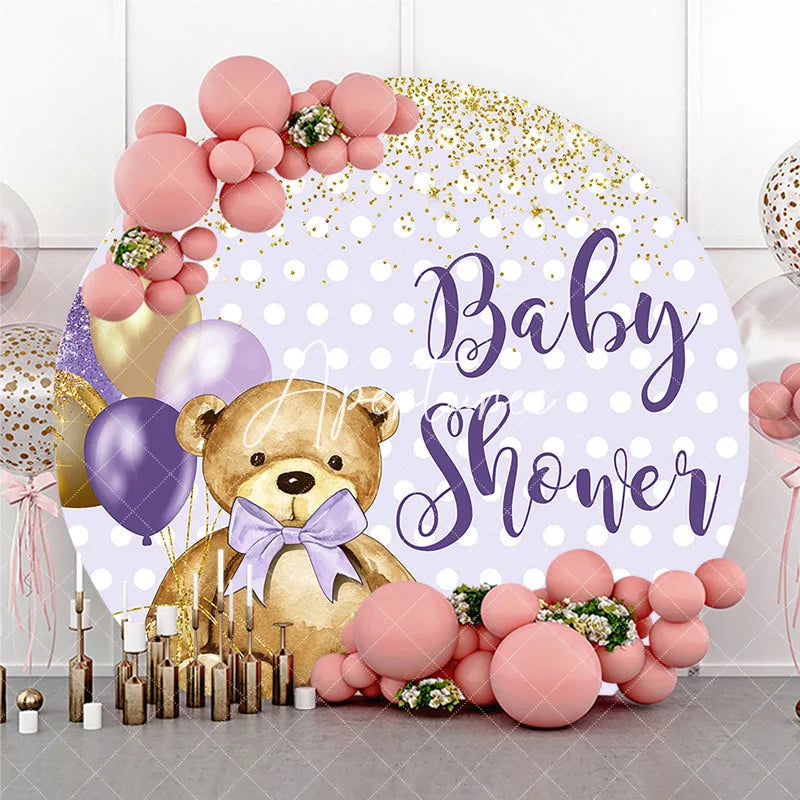 Aperturee - Aperturee Cute Teddy Bear Lavender Gold Glitter Baby Shower Round Backdrop Polka Dot Balloons Decor