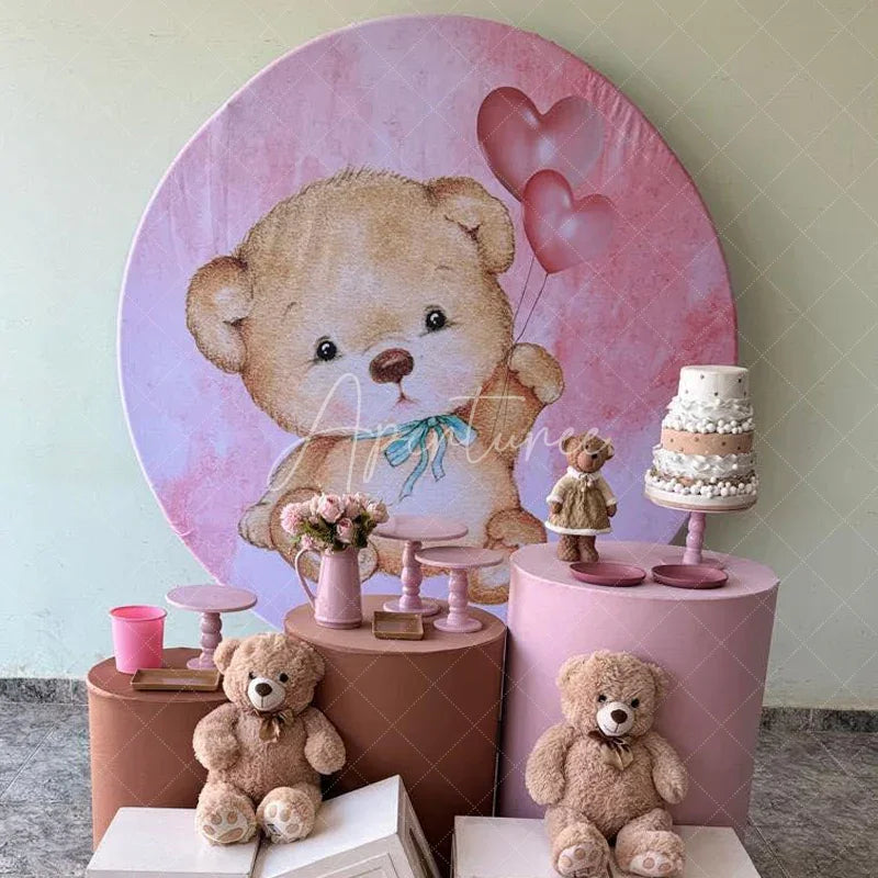 Aperturee - Aperturee Cute Teddy Bear with Heart Balloons Round Backdrop Pink Watercolor Background Kids Birthday or Baby Shower