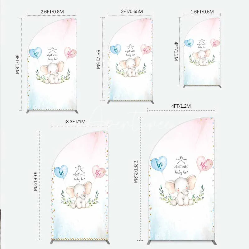 Aperturee - Aperturee Cute Watercolor Baby Elephant Gender Reveal Half Moon Arch Backdrop Pink Blue Hearts Or What Will Baby Be Party