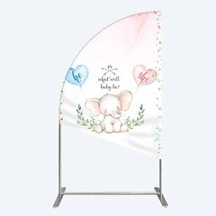 Aperturee - Aperturee Cute Watercolor Baby Elephant Gender Reveal Half Moon Arch Backdrop Pink Blue Hearts Or What Will Baby Be Party