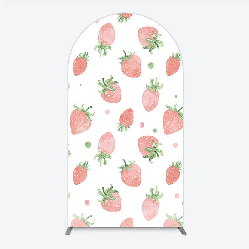 Aperturee - Aperturee Cute Watercolor Strawberry Pattern Round Top Arch Backdrop Pink and Green Dots for Birthday Party