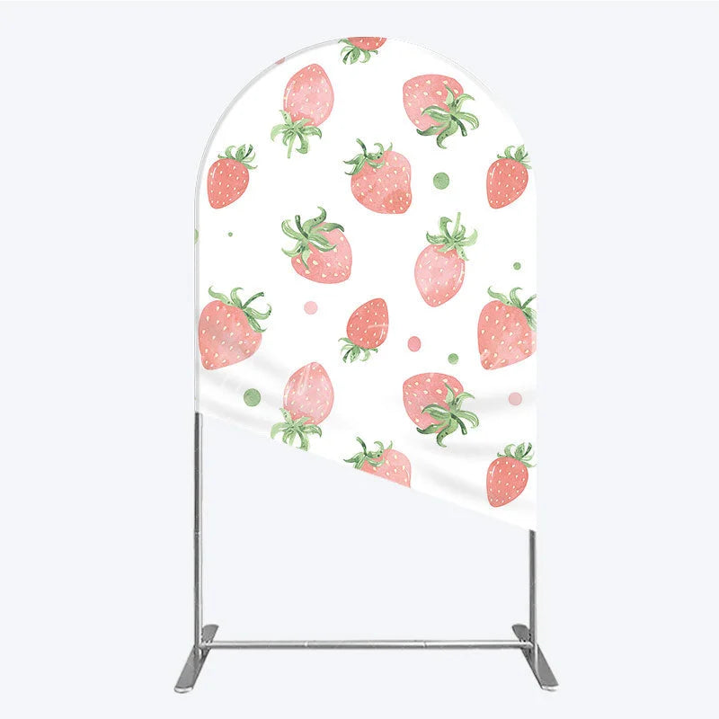 Aperturee - Aperturee Cute Watercolor Strawberry Pattern Round Top Arch Backdrop Pink and Green Dots for Birthday Party