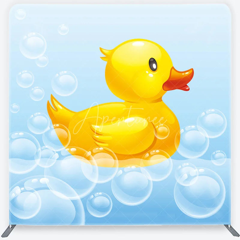 Aperturee - Aperturee Cute Yellow Rubber Duck and Bubbles Square Double-Sided Backdrop Adorable Baby Shower Birthday Party Decor
