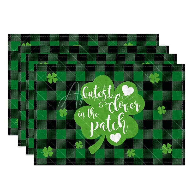 Aperturee - Aperturee Cutest in the Clover Patch Set of 4 Placemats St. Patricks Day Large Shamrock Green Plaid Table Mats