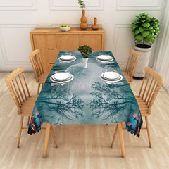 Aperturee - Aperturee Cyan Halloween Rectangle Tablecloth with Moon Tree and Jack O’ Lanterns for Spooky Night Scene Decor