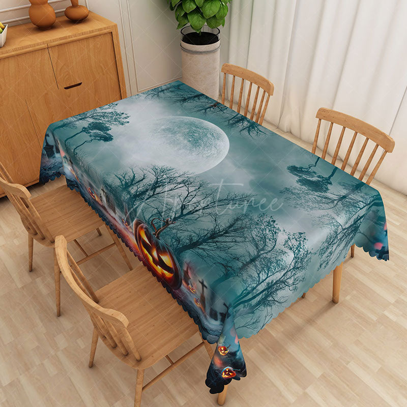 Aperturee - Aperturee Cyan Halloween Rectangle Tablecloth with Moon Tree and Jack O’ Lanterns for Spooky Night Scene Decor