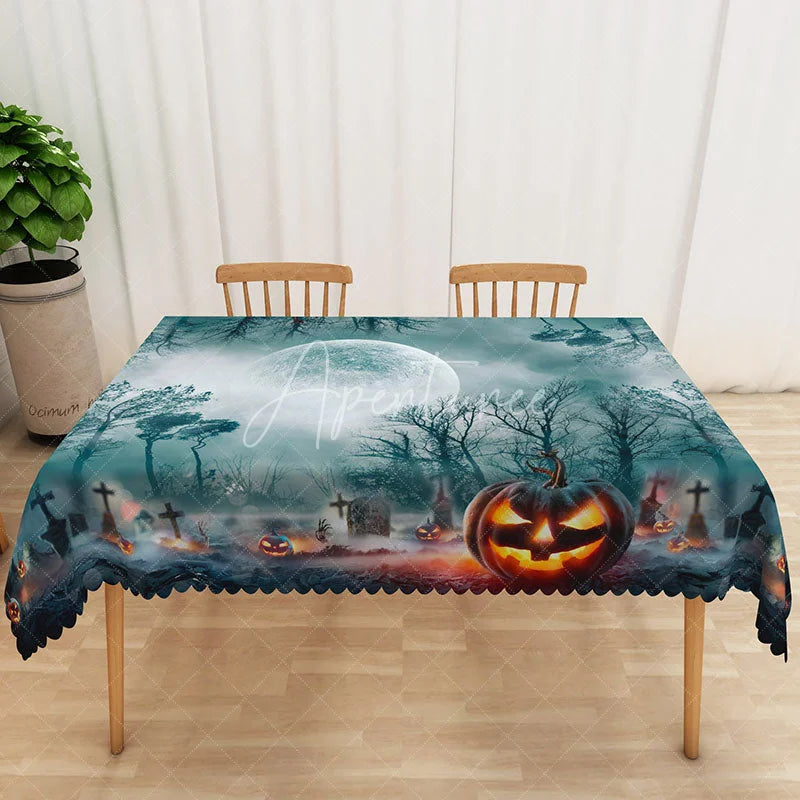 Aperturee - Aperturee Cyan Halloween Rectangle Tablecloth with Moon Tree and Jack O’ Lanterns for Spooky Night Scene Decor