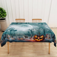 Aperturee - Aperturee Cyan Halloween Rectangle Tablecloth with Moon Tree and Jack O’ Lanterns for Spooky Night Scene Decor