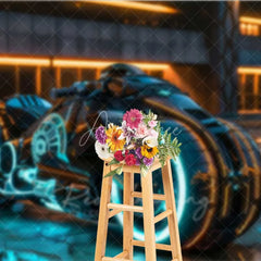 Aperturee - Aperturee Cyberpunk City Backdrop Sci-Fi Neon Motorcycle Photography Background Future Tech Street Photo Booth Prop