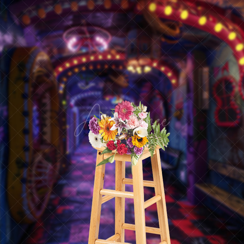 Aperturee - Aperturee Cyberpunk Graffiti Hallway Photography Backdrop 80s Neon Light Urban Wall for Retro Themed Photo Shoots