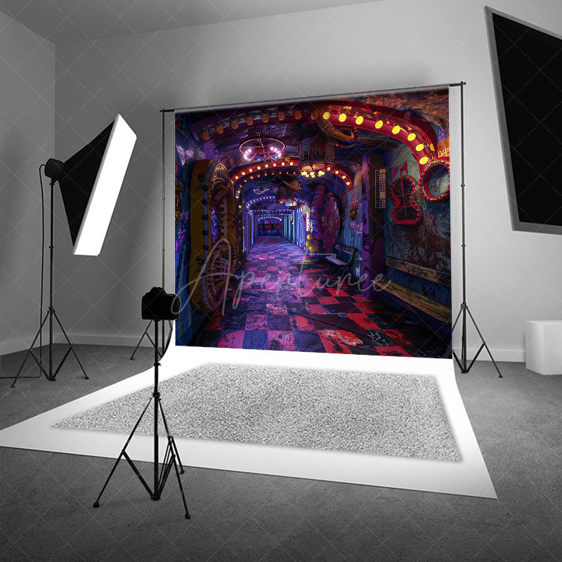 Aperturee - Aperturee Cyberpunk Graffiti Hallway Photography Backdrop 80s Neon Light Urban Wall for Retro Themed Photo Shoots
