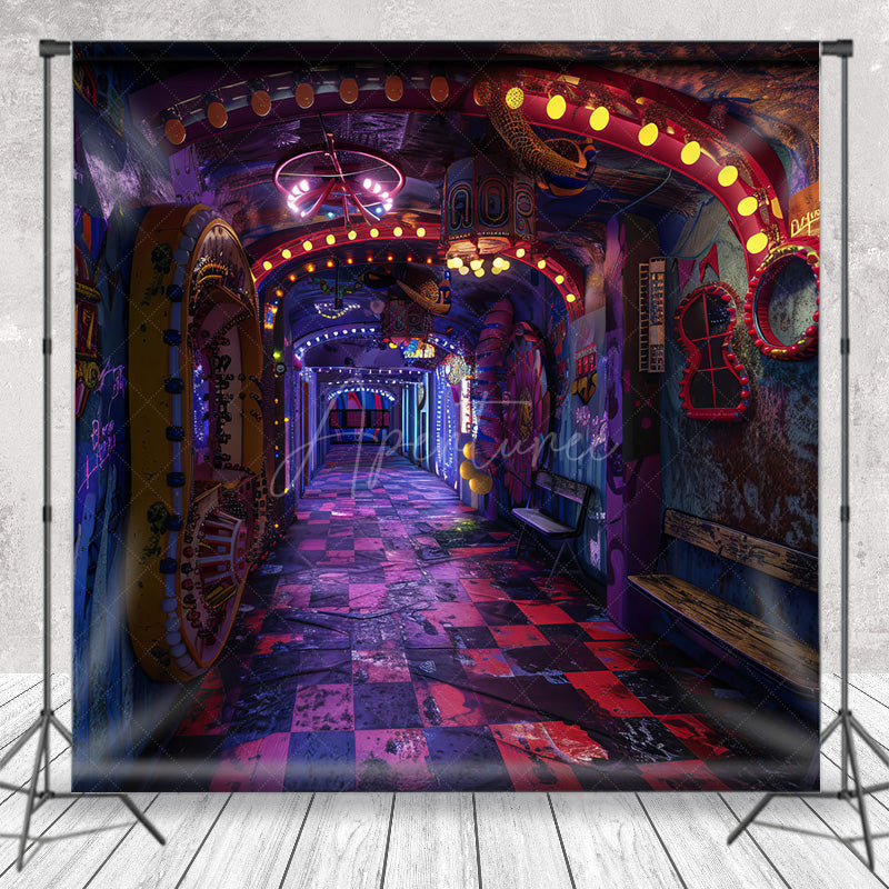 Aperturee - Aperturee Cyberpunk Graffiti Hallway Photography Backdrop 80s Neon Light Urban Wall for Retro Themed Photo Shoots