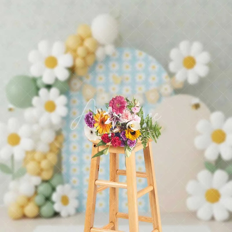 Aperturee - Aperturee Daisy Bee Cake Smash Backdrop Blue Floral Balloon Arch Background Boho Spring 1st Birthday Photography Studio Prop