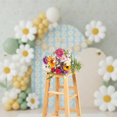 Aperturee - Aperturee Daisy Bee Cake Smash Backdrop Blue Floral Balloon Arch Background Boho Spring 1st Birthday Photography Studio Prop
