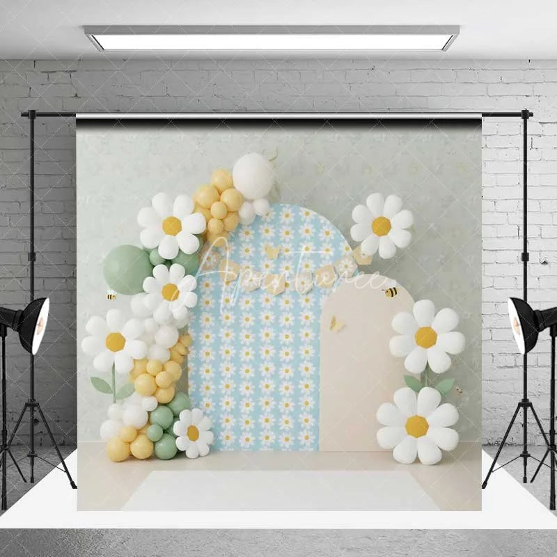 Aperturee - Aperturee Daisy Bee Cake Smash Backdrop Blue Floral Balloon Arch Background Boho Spring 1st Birthday Photography Studio Prop
