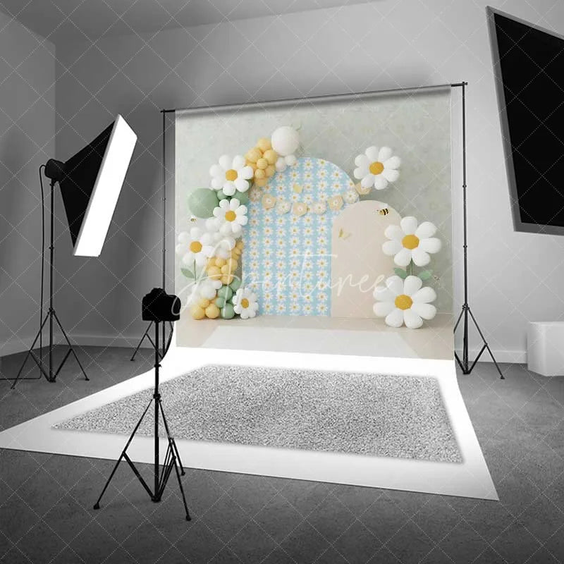 Aperturee - Aperturee Daisy Bee Cake Smash Backdrop Blue Floral Balloon Arch Background Boho Spring 1st Birthday Photography Studio Prop