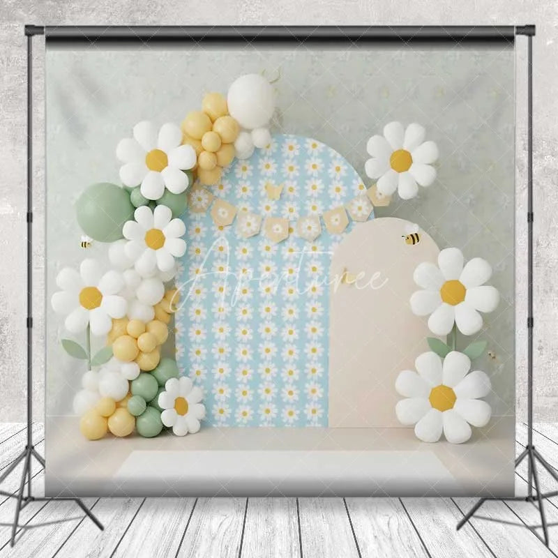 Aperturee - Aperturee Daisy Bee Cake Smash Backdrop Blue Floral Balloon Arch Background Boho Spring 1st Birthday Photography Studio Prop