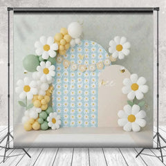Aperturee - Aperturee Daisy Bee Cake Smash Backdrop Blue Floral Balloon Arch Background Boho Spring 1st Birthday Photography Studio Prop