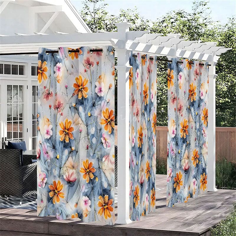 Aperturee - Aperturee Daisy Drawing Waterproof Printed Outdoor Curtains